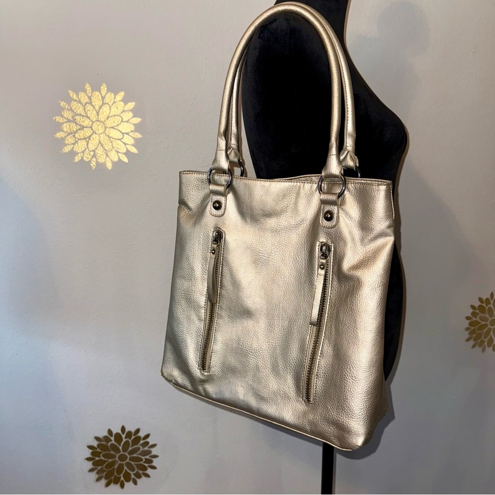 Metallic Gold Women's Large Shoulder Tote‎ Bag by LP Blue Inea Pels